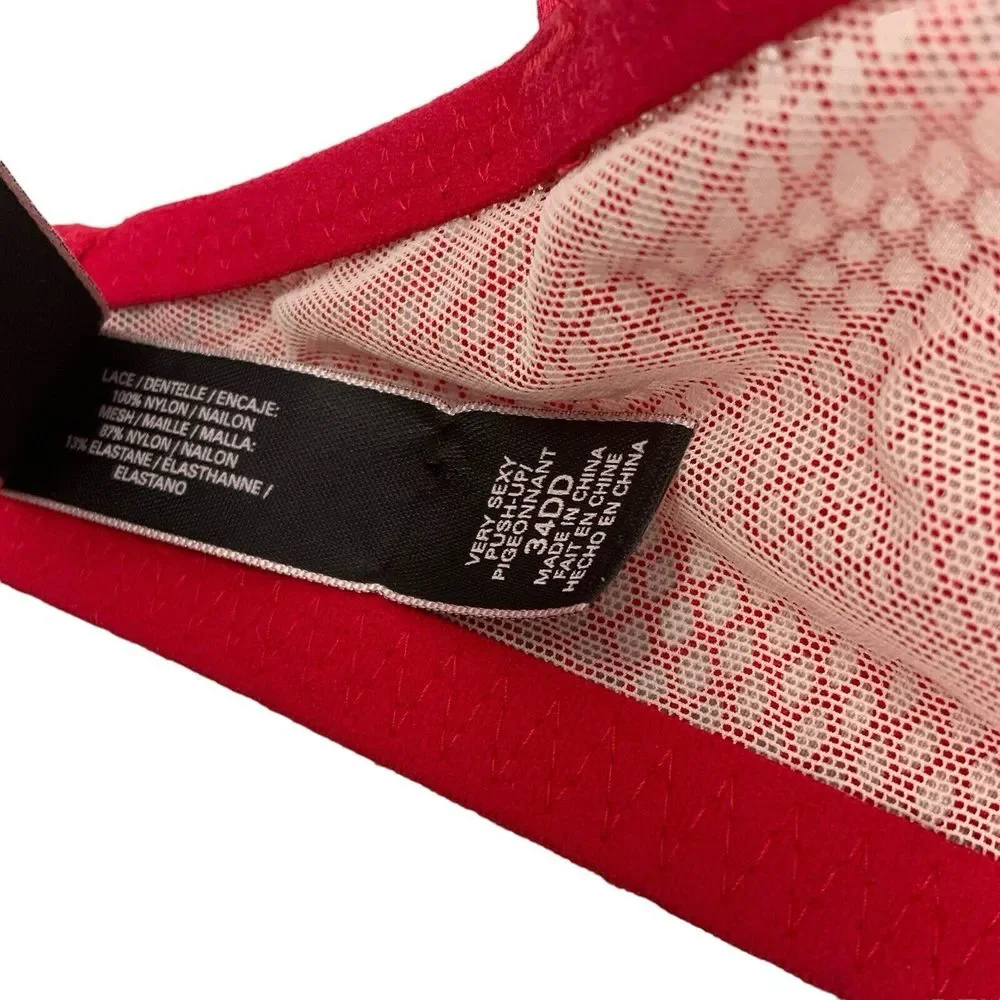 Victoria's Secret Very Sexy Hot Pink Push Up 34DD Bra Fishnet‎ Lace Bling READ